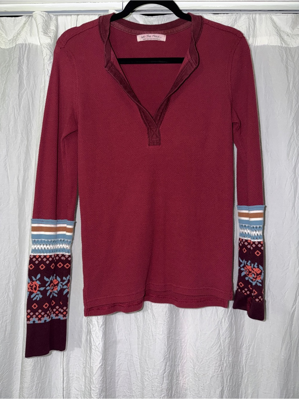 We The Free Wine Burgundy Waffle Henley with Patterned Cuffs
